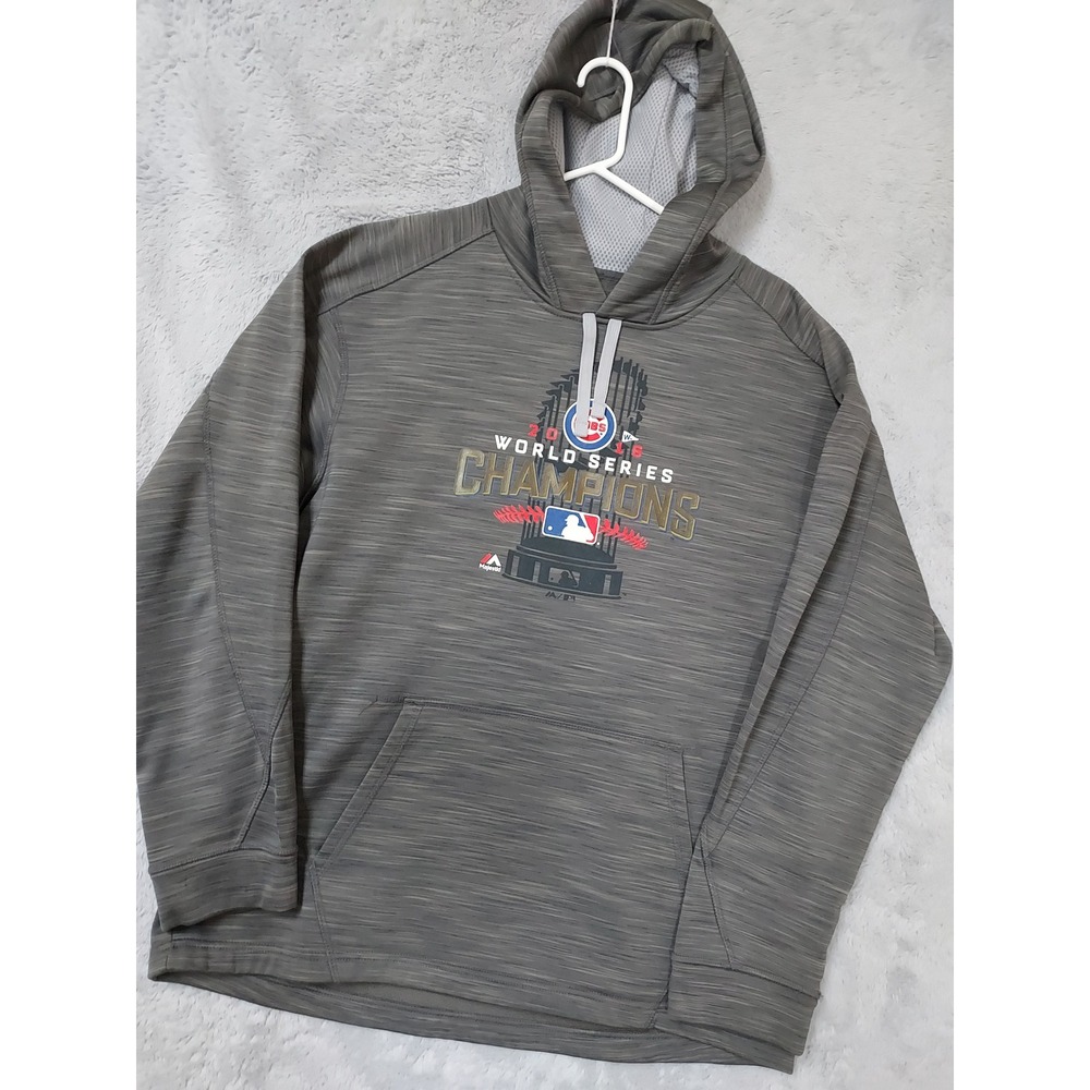 Chicago Cubs Hoodie Mens Large Majestic Fleece 2016 World Series Champions Gray